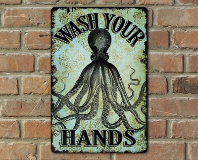 Octopus Wash Your Hands Bathroom Wall Decor Kitchen Art Antique Style Laundry Room Metal Sign Nautical Beach House Steampunk - image1